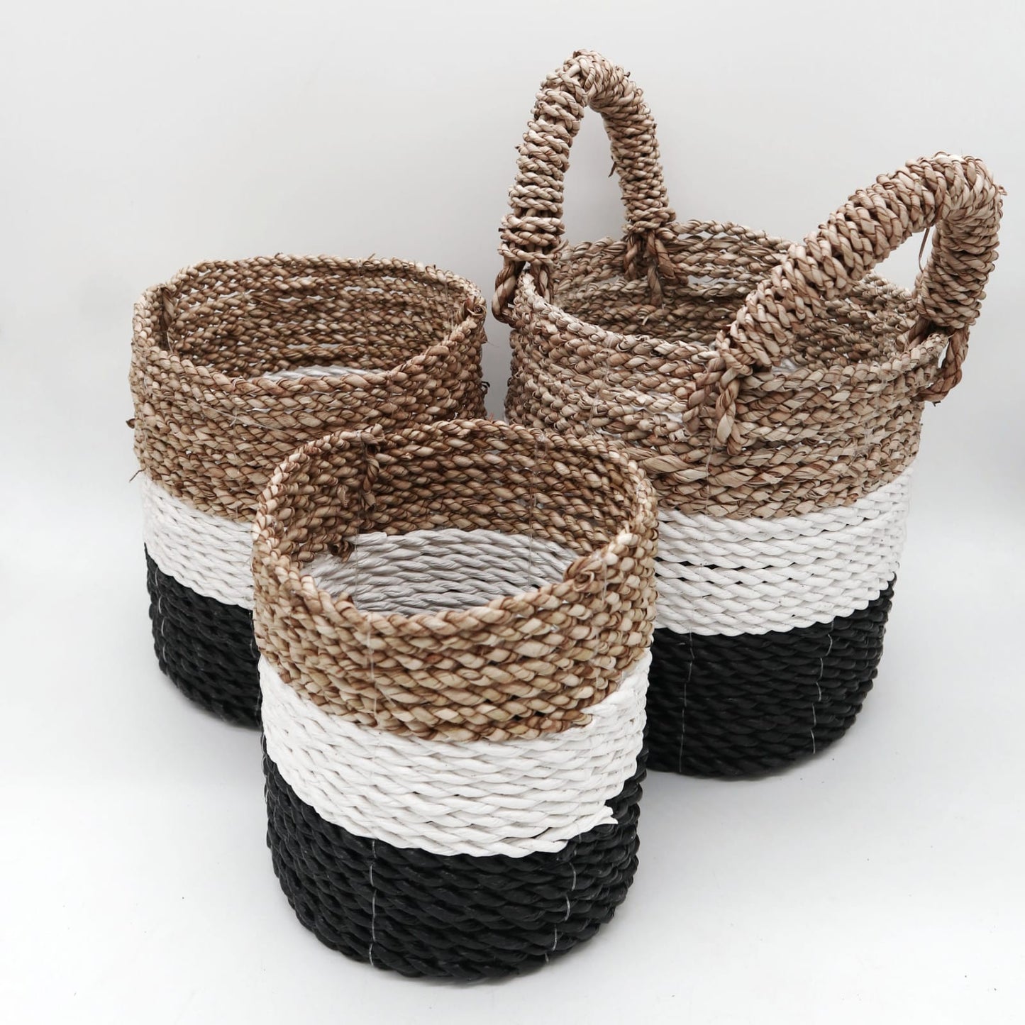 Seagrass Basket Set in Dark Grey, White and Natural