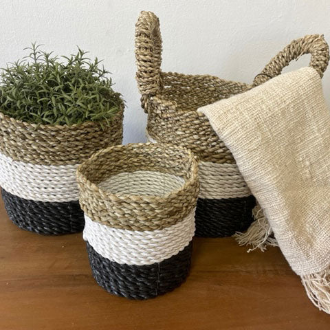 Seagrass Basket Set in Dark Grey, White and Natural