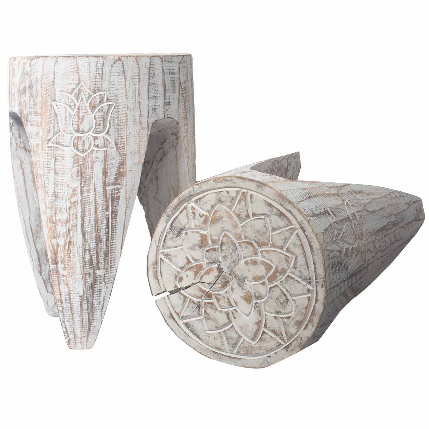 Albasia Interlocking Tribal Table and Stool Set in Whitewash | Stool | Plant Stand | Coffee Table | Side Table