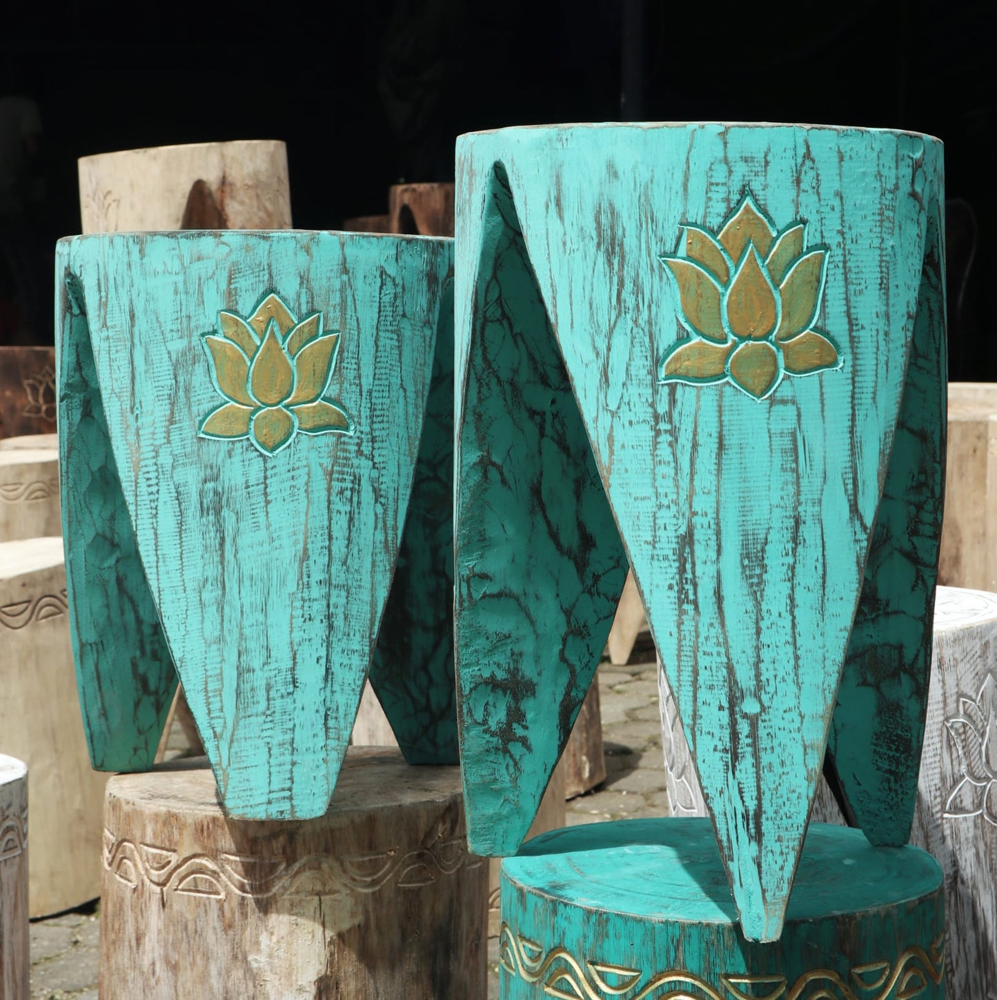 Albasia Interlocking Tribal Table and Stool Set in Turquoise | Stool | Plant Stand | Coffee Table | Side Table