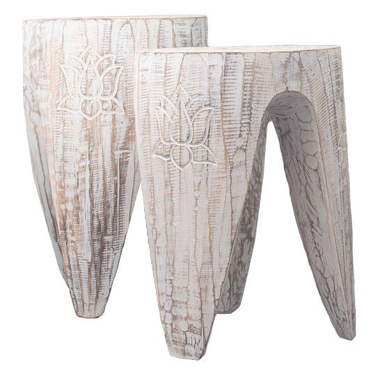 Albasia Interlocking Tribal Table and Stool Set in Whitewash | Stool | Plant Stand | Coffee Table | Side Table