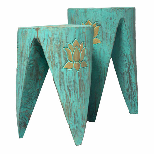 Albasia Interlocking Tribal Table and Stool Set in Turquoise | Stool | Plant Stand | Coffee Table | Side Table
