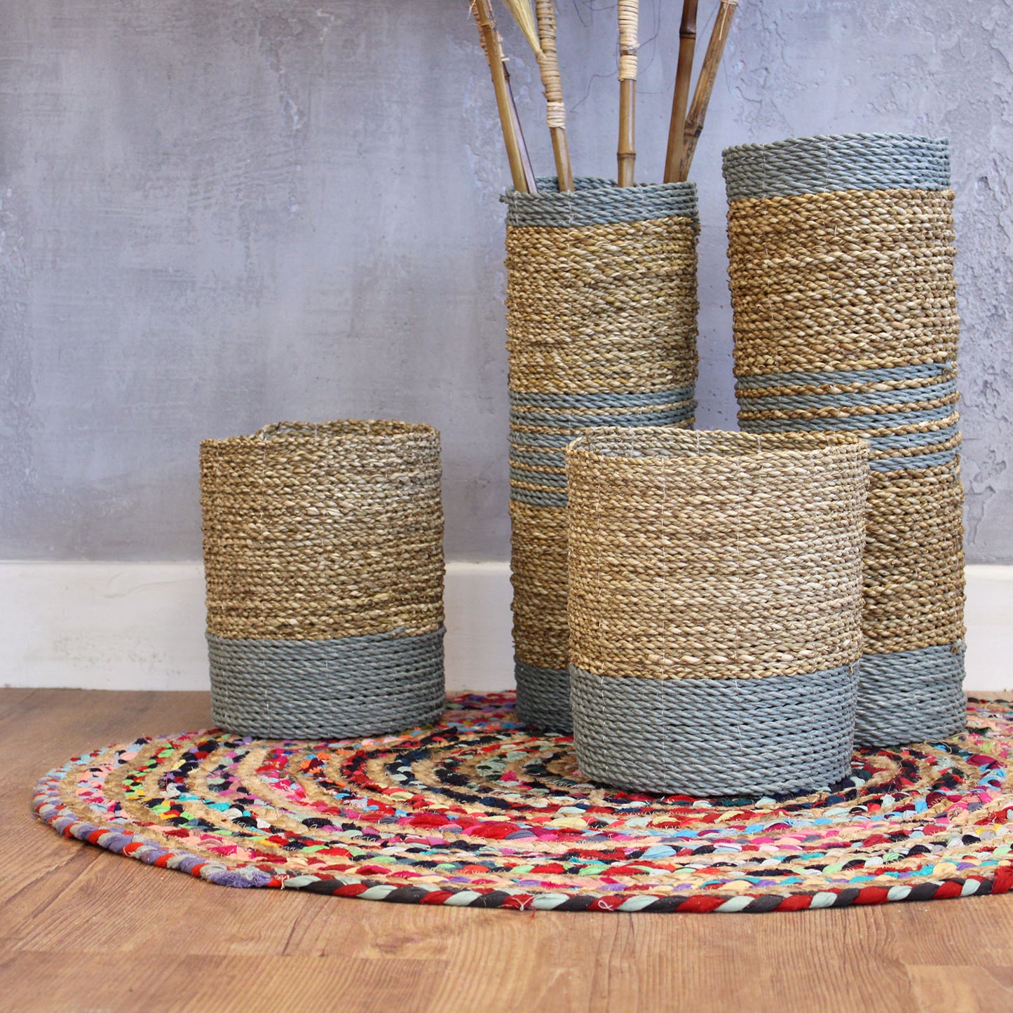 Seagrass Vase & Bin Set in Grey with a Natural