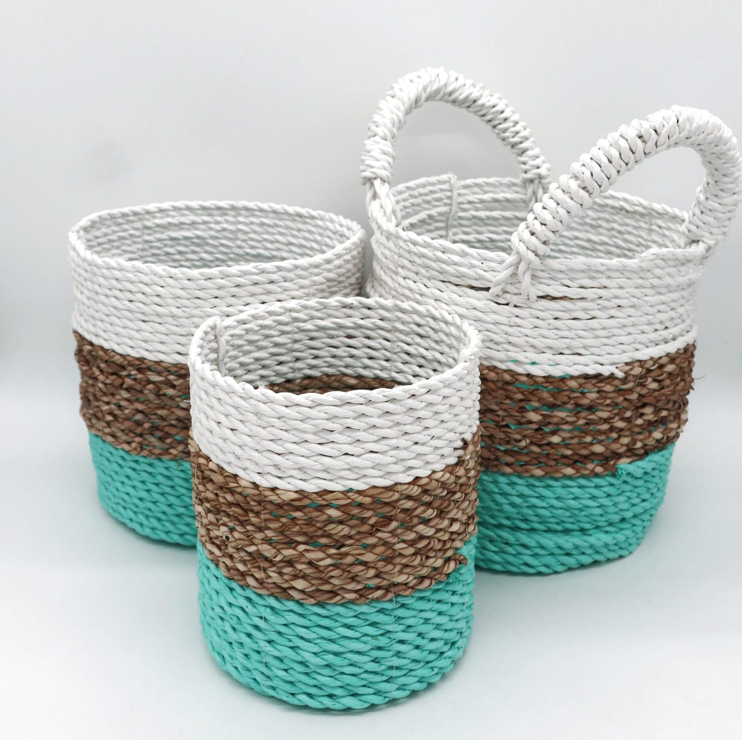 Seagrass Basket Set in Green, White and Natural