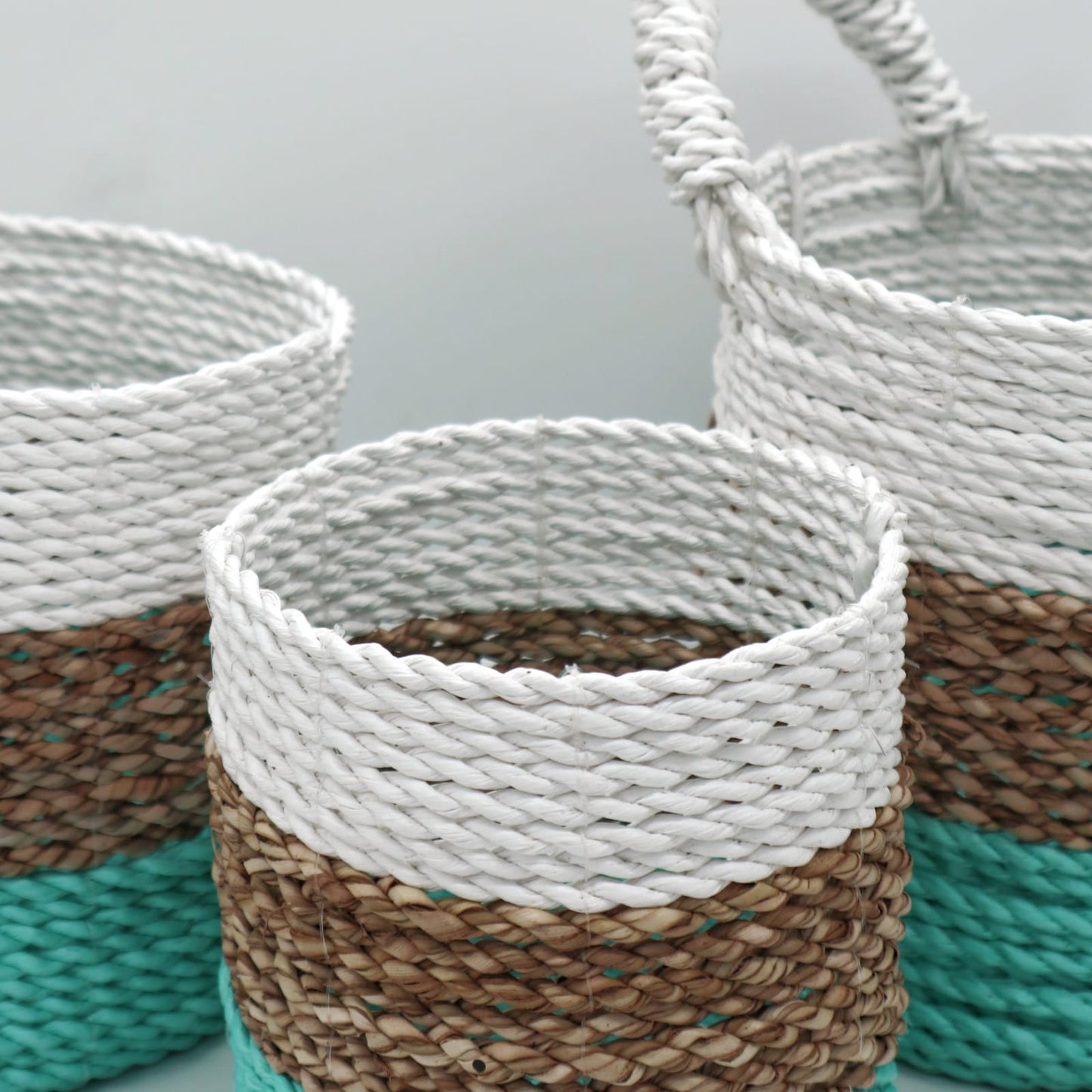 Seagrass Basket Set in Green, White and Natural