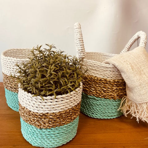 Seagrass Basket Set in Green, White and Natural