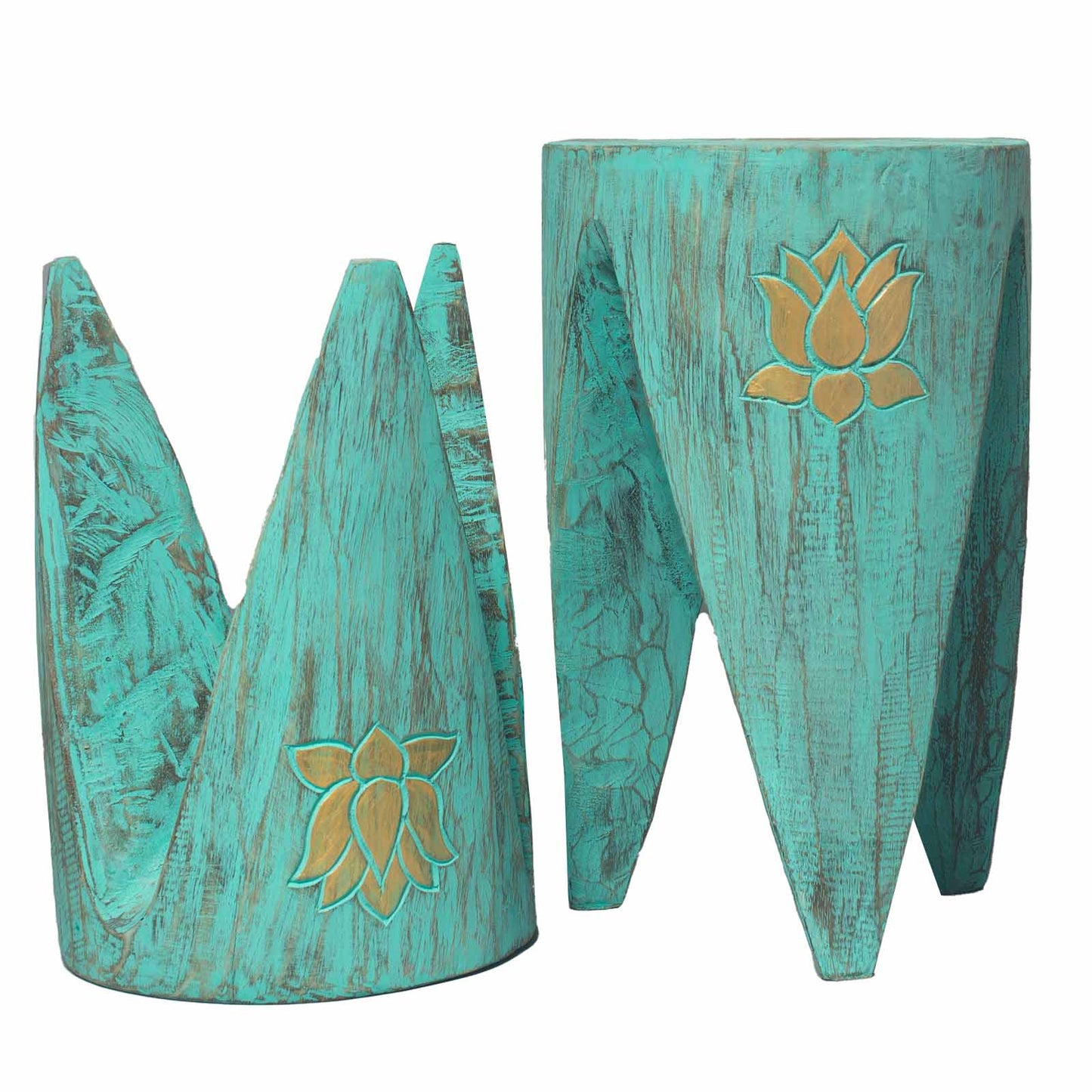 Albasia Interlocking Tribal Table and Stool Set in Turquoise | Stool | Plant Stand | Coffee Table | Side Table